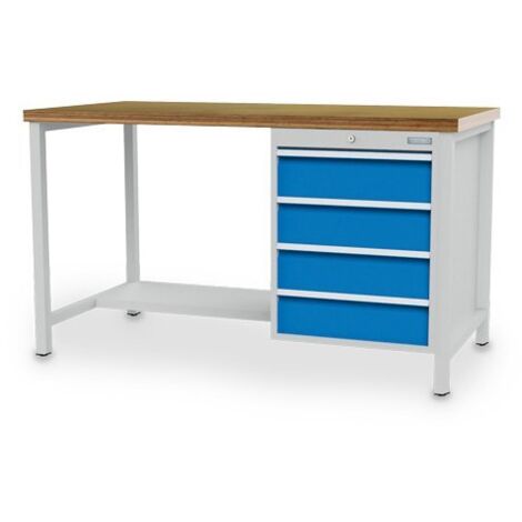 Kastenwerkbank Breite 1500 mm, R18-24, 4 x Schublade, 1 x Stahlfachboden halbe Tiefe Maße in mm (BxTxH): 1500 x 750 x 859