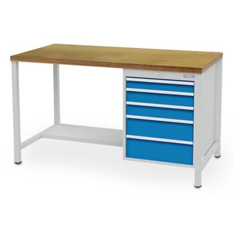 Kastenwerkbank Breite 1500 mm, R18-24, 5 x Schublade, Stahlfachboden halbe Tiefe Maße in mm (BxTxH): 1500 x 750 x 959