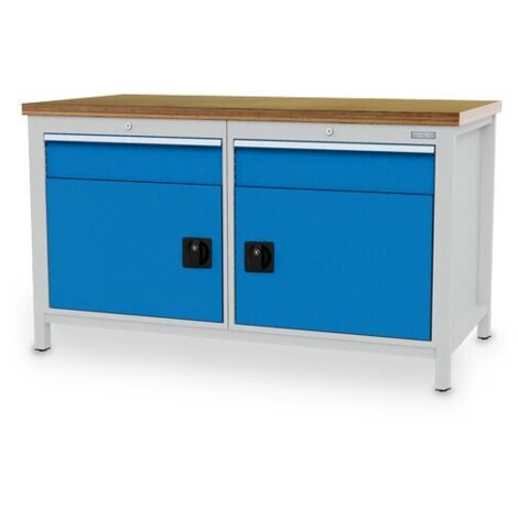 Kastenwerkbank Breite 1500 mm, R24-24, 2 x Schublade, 2 x Flügeltüre Maße in mm (BxTxH): 1500 x 750 x 959