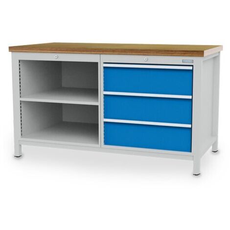 Kastenwerkbank Breite 1500 mm, R24-24, 3 x Schublade, 2 x Fachboden Maße in mm (BxTxH): 1500 x 750 x 859