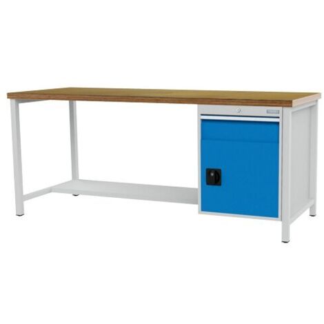Kastenwerkbank Breite 2000 mm, R18-24, 1 x Schublade, 1 x Flügeltüre, 1 x Stahlfachboden halbe Tiefe Maße in mm (BxTxH): 2000 x 750 x 859