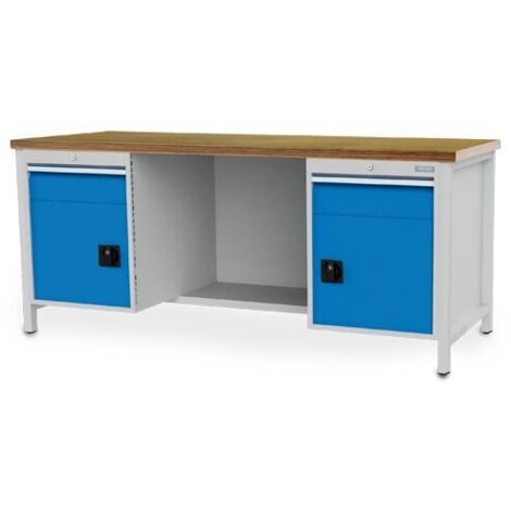 Kastenwerkbank Breite 2000 mm, R18-24, 2 x Schublade, 2 x Flügeltüre, 1 x Stahlfachboden halbe Tiefe, Rückwand Maße in mm (BxTxH): 2000 x 750 x 859