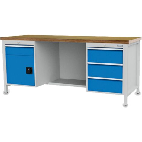 Kastenwerkbank Breite 2000 mm, R18-24, 4 x Schublade, 1 x Flügeltüre, 1 x Stahlfachboden halbe Tiefe, Rückwand Maße in mm (BxTxH): 2000 x 750 x 859
