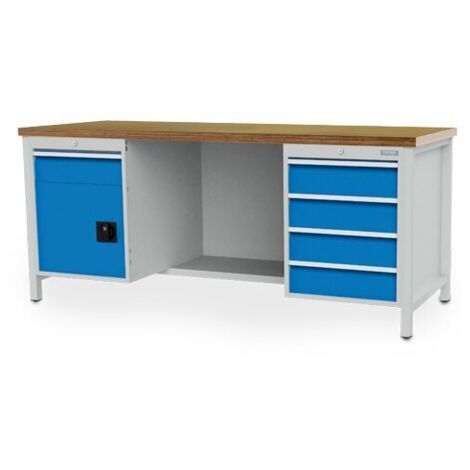 Kastenwerkbank Breite 2000 mm, R18-24, 5 x Schublade, 1 x Flügeltüre, 1 x Stahlfachboden halbe Tiefe, Rückwand Maße in mm (BxTxH): 2000 x 750 x 859