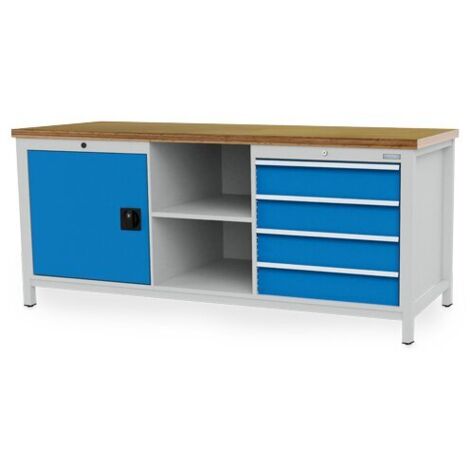 Kastenwerkbank Breite 2000 mm, R24-24, 4 x Schublade, 1 x Flügeltüre mit Fachboden, 2 x Fach, Rückwand Maße in mm (BxTxH): 2000 x 750 x 959