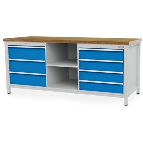 Kastenwerkbank Breite 2000 mm, R24-24, 7 x Schublade, 2 x Fach, Rückwand Maße in mm (BxTxH): 2000 x 750 x 959