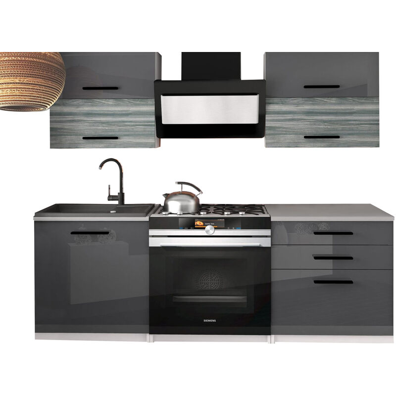 Katalina - Cuisine complète L120 cm - Cuisine droite 4 pcs - Plan de travail inclus Gris brillant&Glamour wood - Gris brillant&Glamour wood