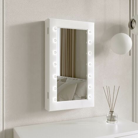 CARME HOME Katie - Wall Mounted/Tabletop Jewellery Mirror Cabinet with LED Lights Shelves Makeup Storage Organiser White Bedroom Furniture