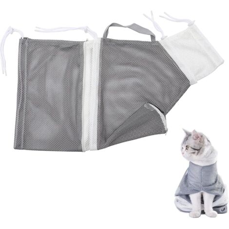 Katzen-Duschnetztasche, verstellbare Katzen-Waschtasche, multifunktionale Katzen-Rückhaltetasche zum Katzenbaden, Krallenschneiden, Ohrenreinigen (3 Stück, Blau + Rosa + Grau)