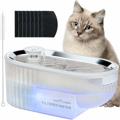 Katzen-Hunde-Trinkbrunnen aus Edelstahl, 2,5 l, leiser Katzen-Trinkbrunnen, automatischer Katzen-Wasserspender mit 8 Aktivkohlefiltern, Edelstahl-Tablett, LED-Nachtlicht