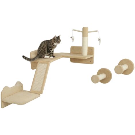 Katzen Kletterwand Set mit Kratzpfosten, Sprungplattformen und Spielbällen, zum Klettern und Ausruhen, Beige
