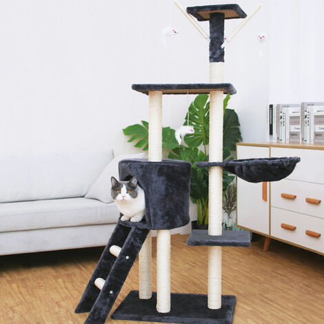 Katzen Kratzbaum Simba 142 cm Dunkelgrau - Deluxe Katzenbaum mit Katzenhöhle, Spielzeug, Plattform, Sisal Kratzsäule und Hängematte