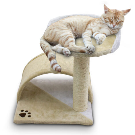 Katzen Kratzbrücke Kratzbaum Katzenkratzbaum mit Liege und Sisalsäule und Plüschbezug Beige / Weiß
