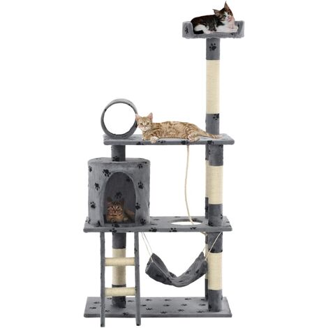 Katzenbaum mit Sisal-Kratzsäulen 140 cm Grau Pfoten-Aufdruck