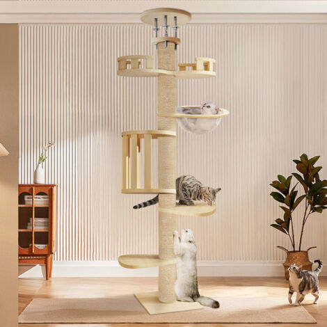Katzenbaum, stabiler Katzenbaum, Tragkraft 15 kg, aus dickem Sisal, Katzenspielbereich, höhenverstellbar von 295 bis 315 cm, beige.