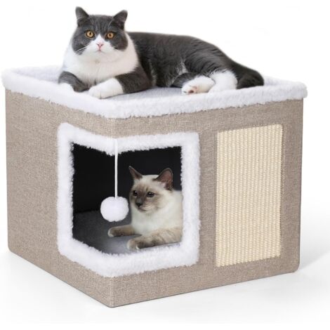 Katzenbett für drinnen, großes Katzendach mit Kratzbaum, faltbare Höhlenbett und Versteckwürfel mit doppelseitigen Kissen, bezauberndes Katzenhaus