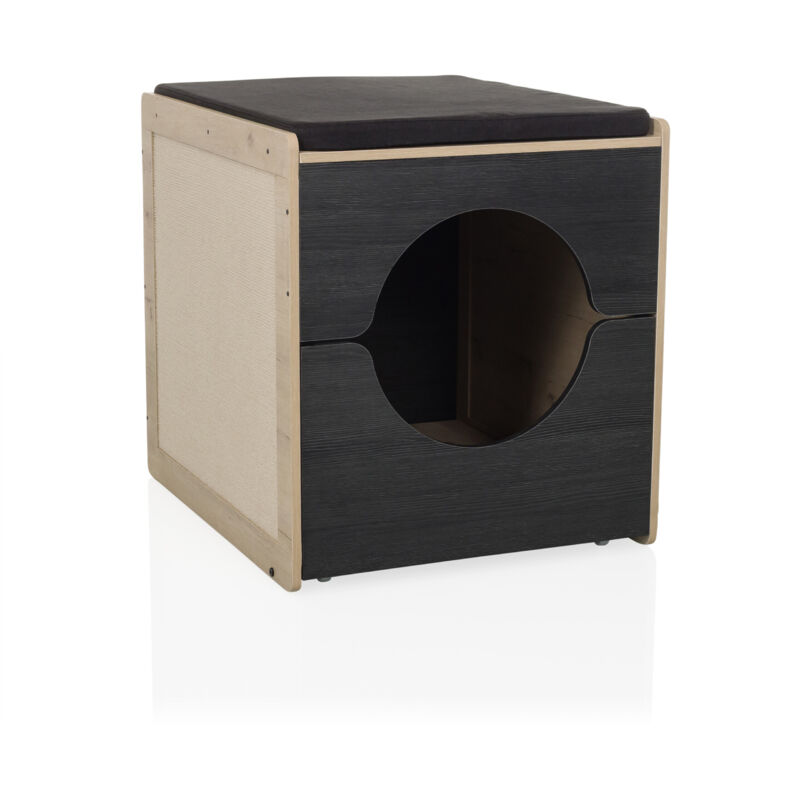 Katzenbox / Katzenhöhle Kitty Pawbox 2 60x50x55 Cm Mit Kratzbrett Schwarz/eiche Hjh Living