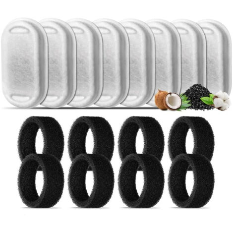 Katzenbrunnenfilter, 8 Ersatzfilter für 3,2-l-/2-l-Edelstahl-Katzenbrunnen, 8 Filter mit Aktivkohle und 8 Schaumstofffilter für Katzenbrunnen