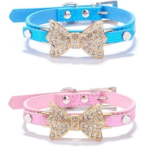 Katzenhalsbänder (Rosa + Blau, 37 1,5 cm) mit funkelndem Diamantknoten, verstellbares Halsband für Kätzchen, Papillo-Knotenhalsbänder
