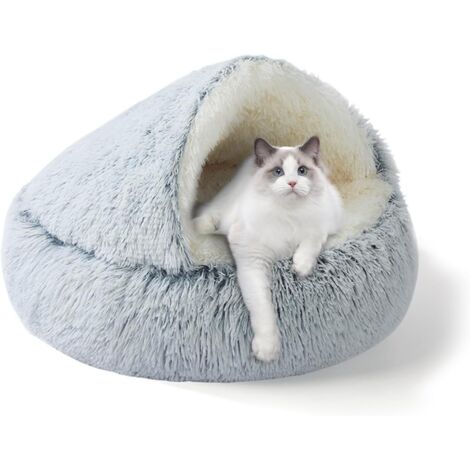 Katzenkorb für drinnen, Plüsch-Hundehütte mit Kapuze für Welpen, kleines Hundebett, abnehmbar und waschbar, rutschfest, selbstheizend, rund, weiches Kunstfell