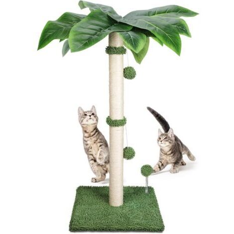 Katzenkratzbaum, 80 cm, Kratzbaum aus Natursisal, mit 2 interaktiven Plüschbällen für Katzen, geeignet für Hauskätzchen und große Katzen - Grün/Quadratische Basis