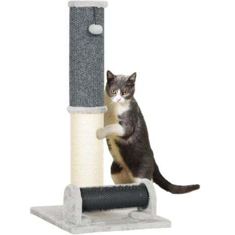 Katzenkratzbaum 86 cm, 3-in-1-Katzenkratzbaum, mit großer Basis, Ananas-Musterteppich, Pflegebürste und Spielball, für den Innenbereich, Hellgrau