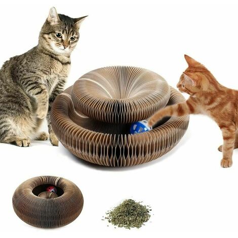 Katzenkratzbaum mit Spielzeugball, Kratzbrett mit magischer Orgel, magisches faltbares Kratzbrett, Kratzbrett mit Katzenminze, Kratzbrett aus Pappe auf Weiß