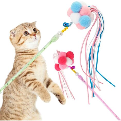 Katzenspielzeug interaktiver Katzen-Zauberstab-Anhänger 2 Kätzchenspielzeug-Katzensticks mit Kugeln, Glocken und Quasten, lassen Sie die Katzen und Kätzchen Spaß und Bewegung haben