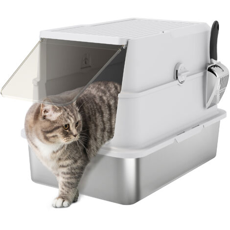 Katzentoilette, Edelstahl, XL-Innenraum, mit Schaufel, Hellgrau