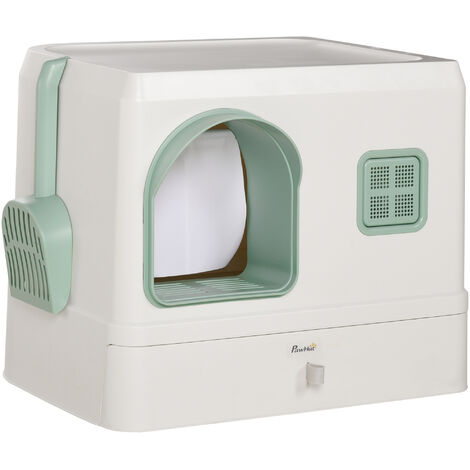 Katzentoilette mit Abdeckung, 1 Streuschaufel, herausnehmbare Bodenwanne, 50 cm x 40 cm x 40 cm, Mintgrün + Weiß - Weiß+Grün