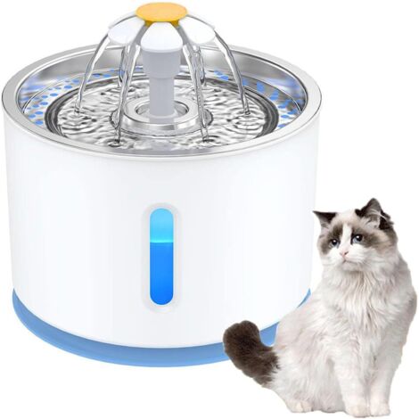 Katzentrinkbrunnen aus Edelstahl, 2,4 l Haustier-Wasserbrunnen mit LED-Licht und Wasserstandsfenster, ultraleiser Wasserbrunnen für Hunde und Katzen, blau