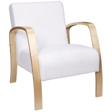 KAUPA - Fauteuil en Tissu Bouclettes Blanc Accoudoirs Bois