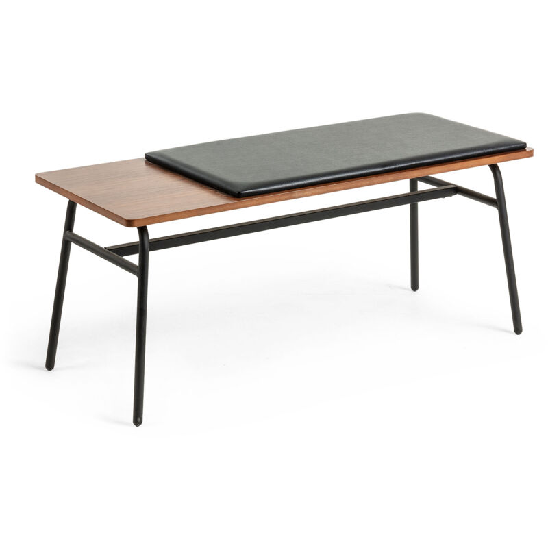 

Banco Carabel 100 cm con sobre chapado de madera de nogal, asiento de piel sintética y patas de acero en negro - Kave Home