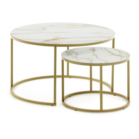 Kave Home - Ensemble Leonor de 2 tables d'appoint en verre blanc et acier finition dorée Ø80cm / Ø50cm - Blanc