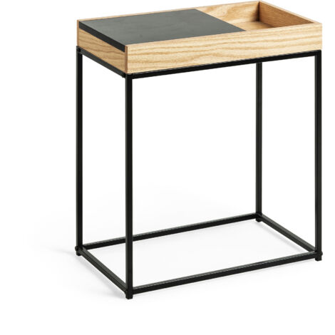 Kave Home - Mesa auxiliar Detail rectangular 50 x 30 cm con sobre deslizante chapado en roble y estructura de acero en negro - Natural