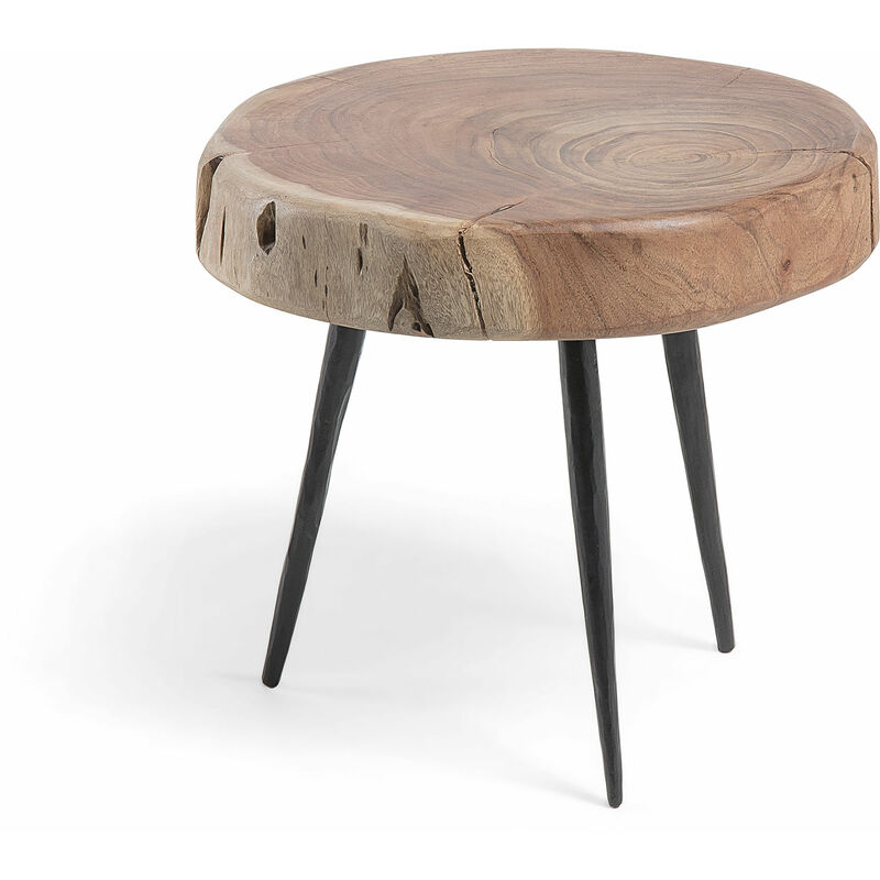 

Kave Home - Mesa auxiliar Eider redonda Ø 33 cm de madera de acacia con patas de acero en negro