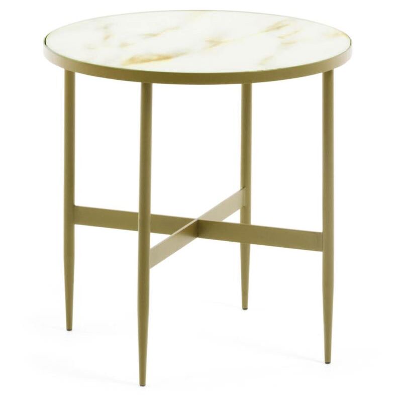 

Kave Home - Mesa auxiliar Elisenda redonda Ø 50 cm de cristal efecto mármol y estructura de acero en dorado
