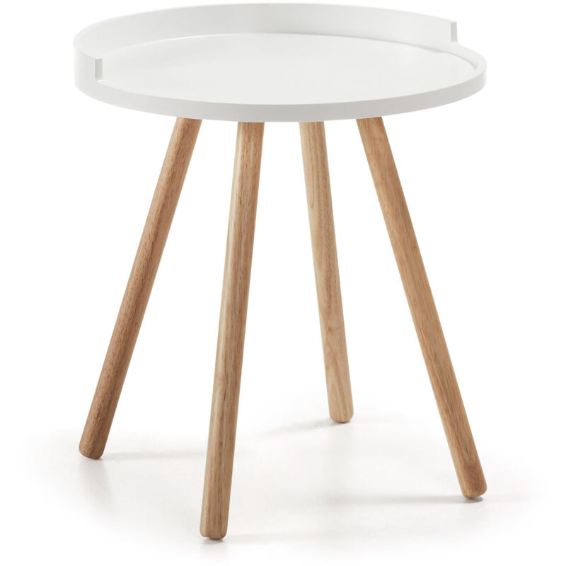 

Kave Home - Mesa auxiliar Kurb blanca redonda Ø 46 cm con patas de madera maciza de caucho