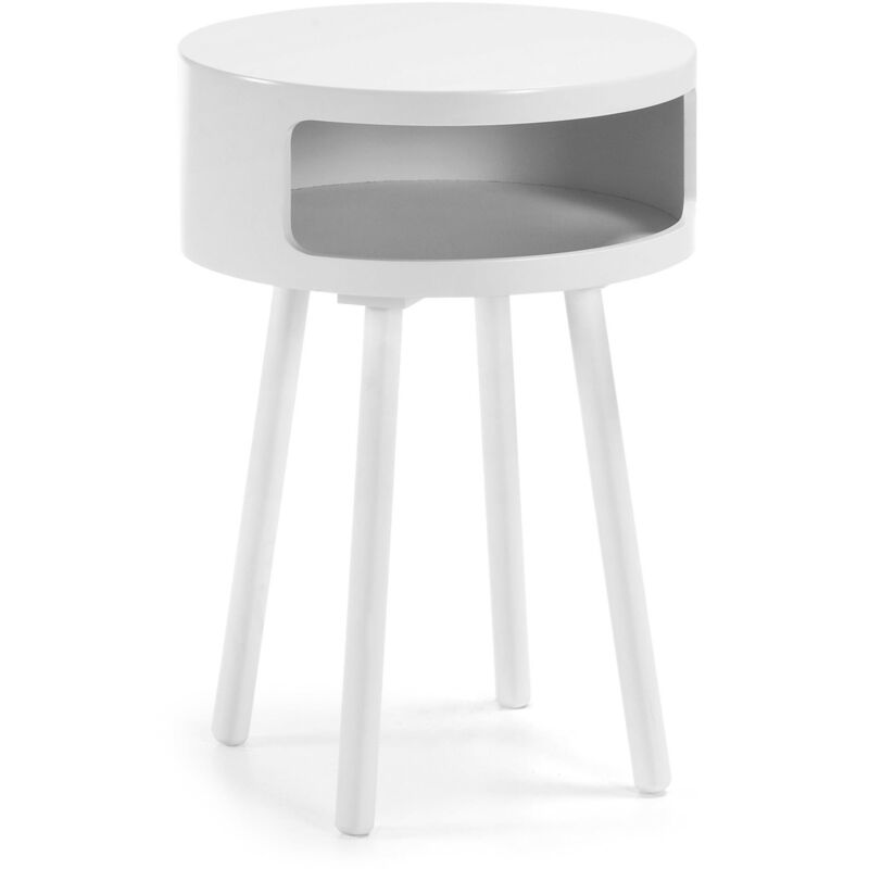 

Kave Home - Mesa auxiliar Kurb blanca redonda Ø 46 cm con patas de madera maciza de caucho y estante interior