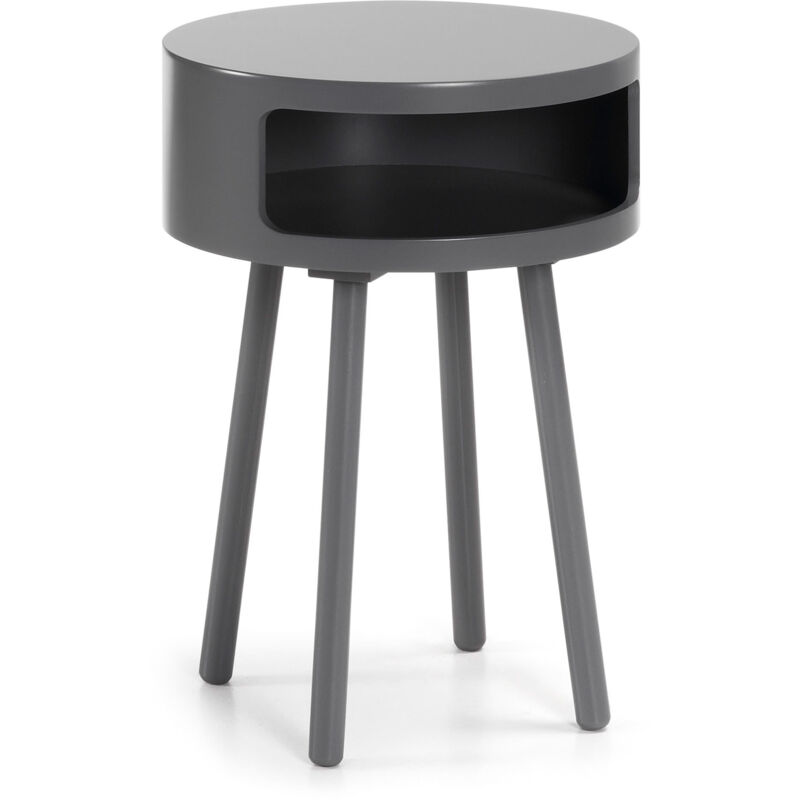 

Kave Home - Mesa auxiliar Kurb gris redonda Ø 46 cm con patas de madera maciza de caucho y estante interior