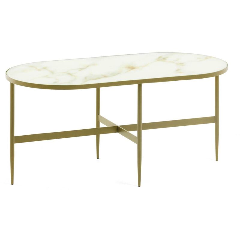 

Kave Home - Mesa de centro Elisenda oval 100 x 50 cm de cristal efecto mármol y estructura de acero en dorado