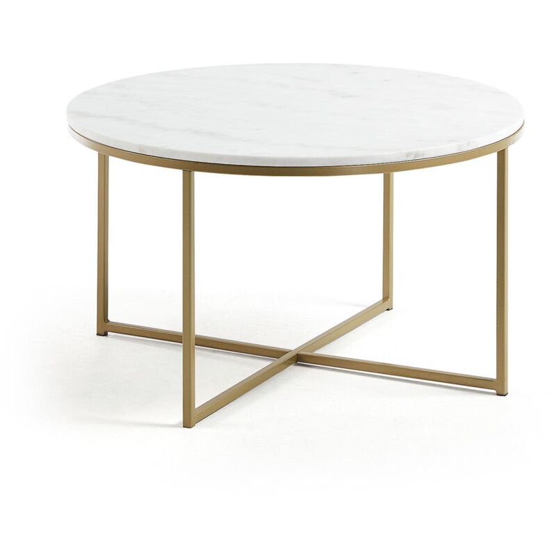 

Mesa de centro Sheffield blanca redonda Ø 80 cm de mármol y estructura de acero en dorado - Kave Home