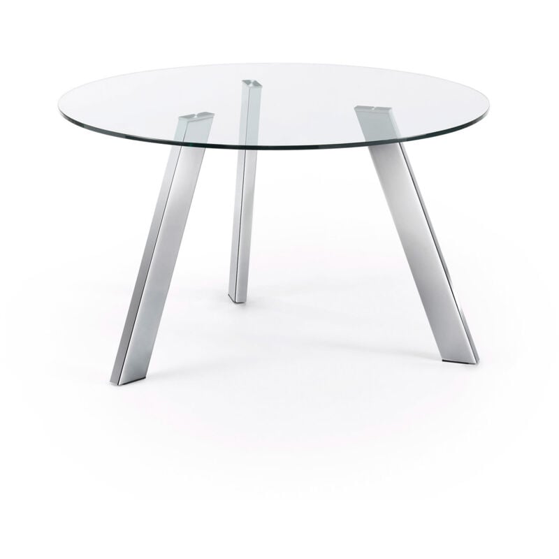 

Mesa de comedor Carib redonda Ø 130 con sobre de cristal transparente y patas de acero cromado - Kave Home