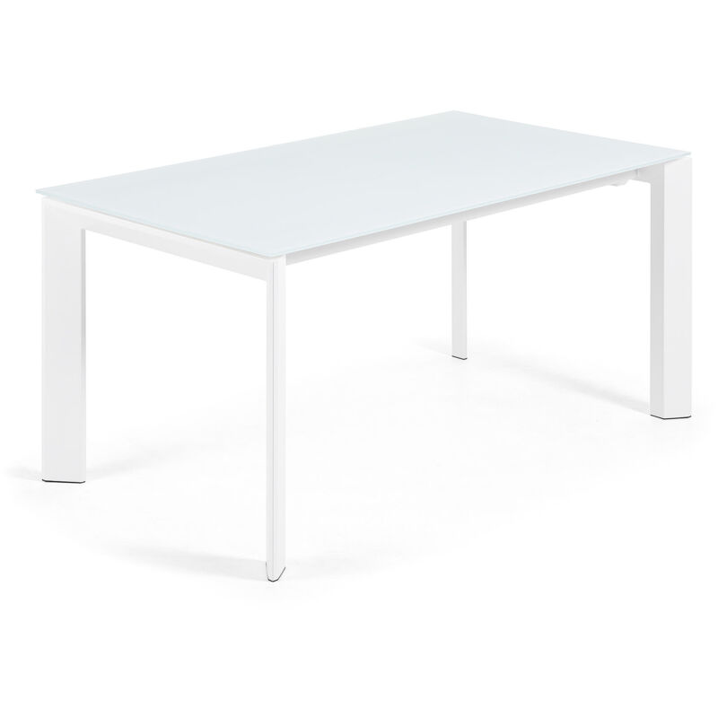 

Kave Home - Mesa de comedor extensible Axis rectangular 160 (220) x 90 cm blanca de cristal y patas de acero en blanco