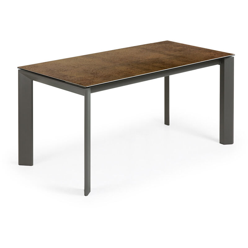 

Kave Home - Mesa de comedor extensible Axis rectangular 160 (220) x 90 cm de porcelana Iron Corten con patas de acero en gris