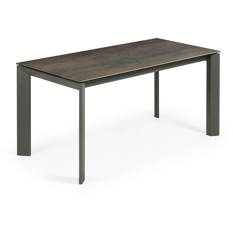 

Kave Home - Mesa de comedor extensible Axis rectangular 160 (220) x 90 cm de porcelana Iron Moss con patas de acero en grafito
