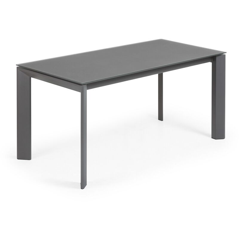 

Kave Home - Mesa de comedor extensible Axis rectangular 160 (220) x 90 cm grafito de cristal con patas de acero en grafito