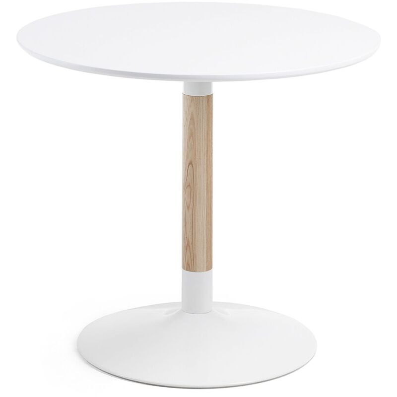 

Mesa de comedor Trick redonda Ø 90 cm blanca con pie de madera de fresno y acero en blanco - Kave Home