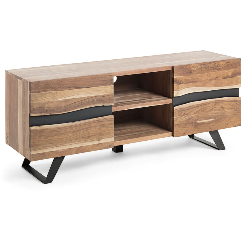 

Mueble de TV Uxia 160 x 65 cm con 2 puertas de madera de acacia maciza y patas de acero en negro - Kave Home