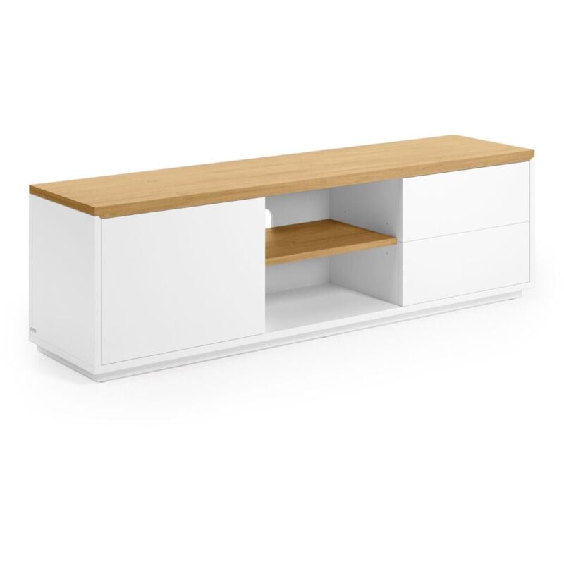 Kave Home - Mueble TV Abilen 1 puerta y 2 cajones de chapa roble y lacado blanco 150 x 44 cm FSC 100%